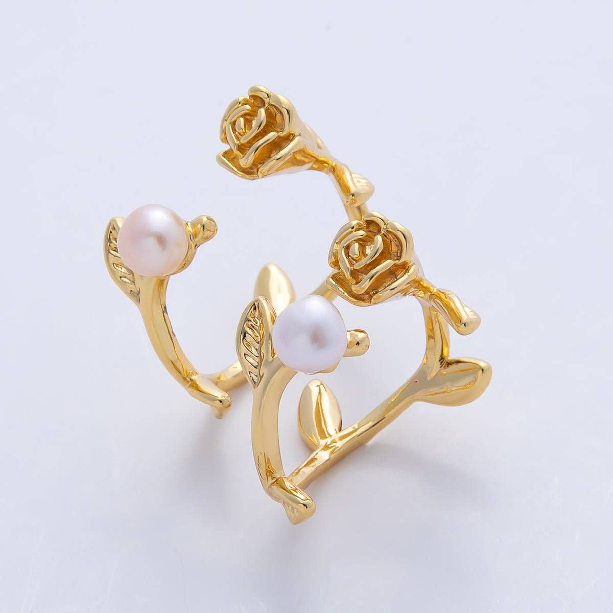 18K Gold Filled White, Pink Shell Pearl Rose Flower Leaf Wrap Ring | O799