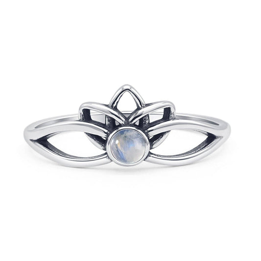 Round Moonstone Lotus Ring Oxidized
