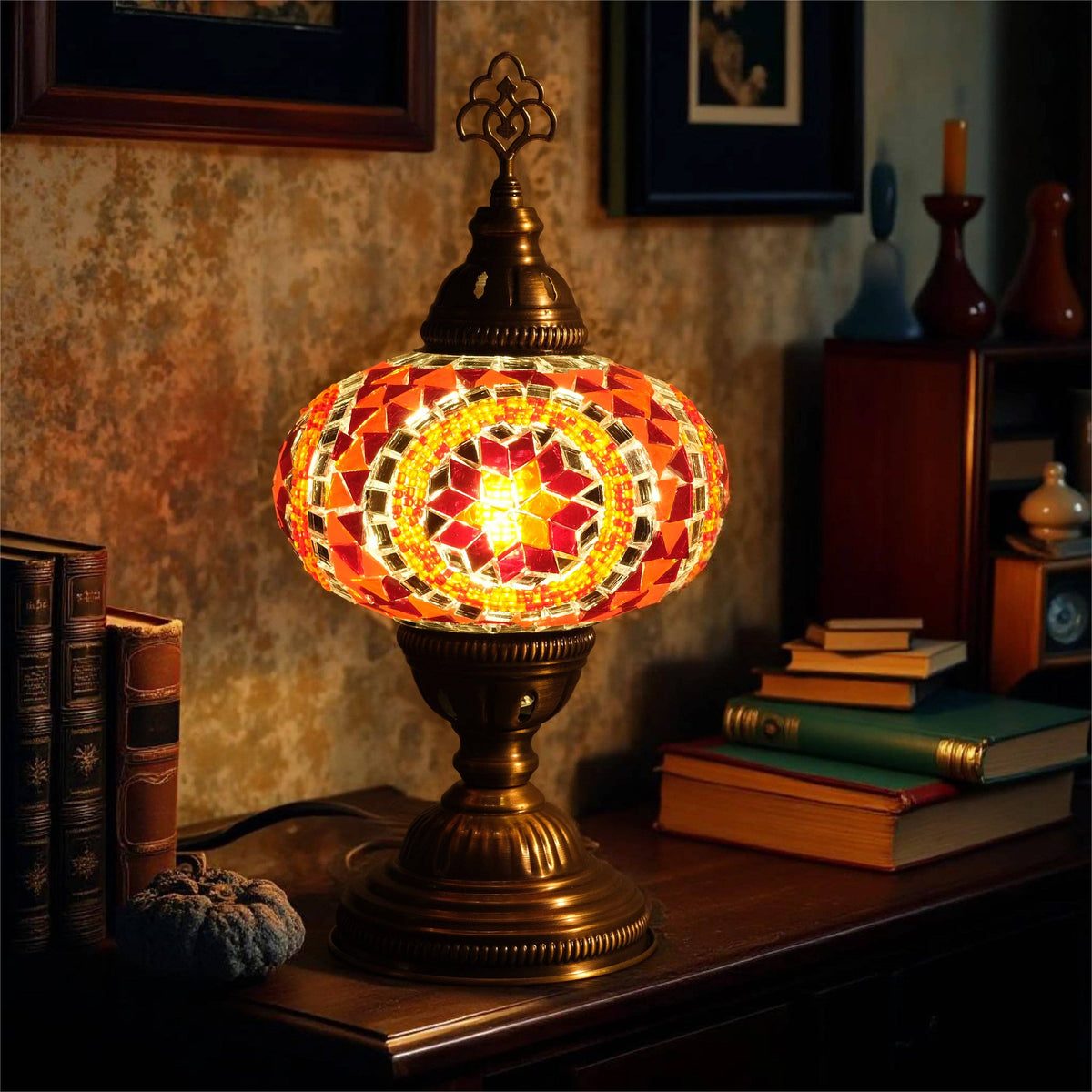 Decorative Table Lamp, Red Orange Turkish Mosaic