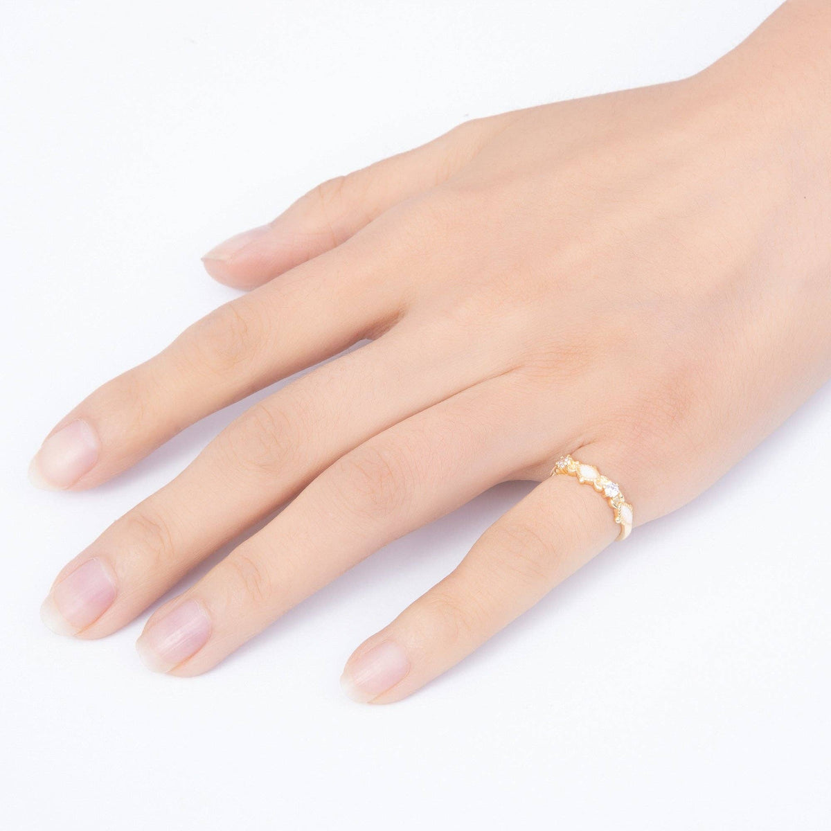 16K Gold Filled Vintage Marquise White Opal & Round Clear CZ Adjustable Pinky Ring | Rings-00381