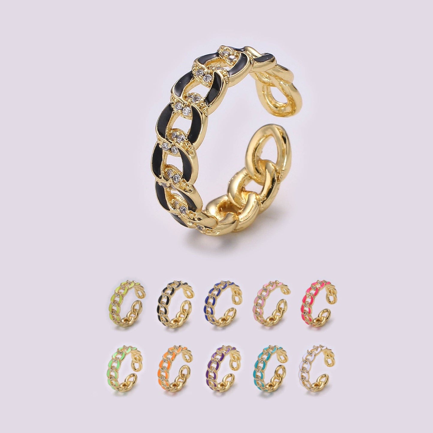 1X CZ Colorful Enamel Rings Gold Curb Chain Statement Ring, Chunky Chain Ring, Stackable Open Adjustable Ring Pink White black Green Yellow