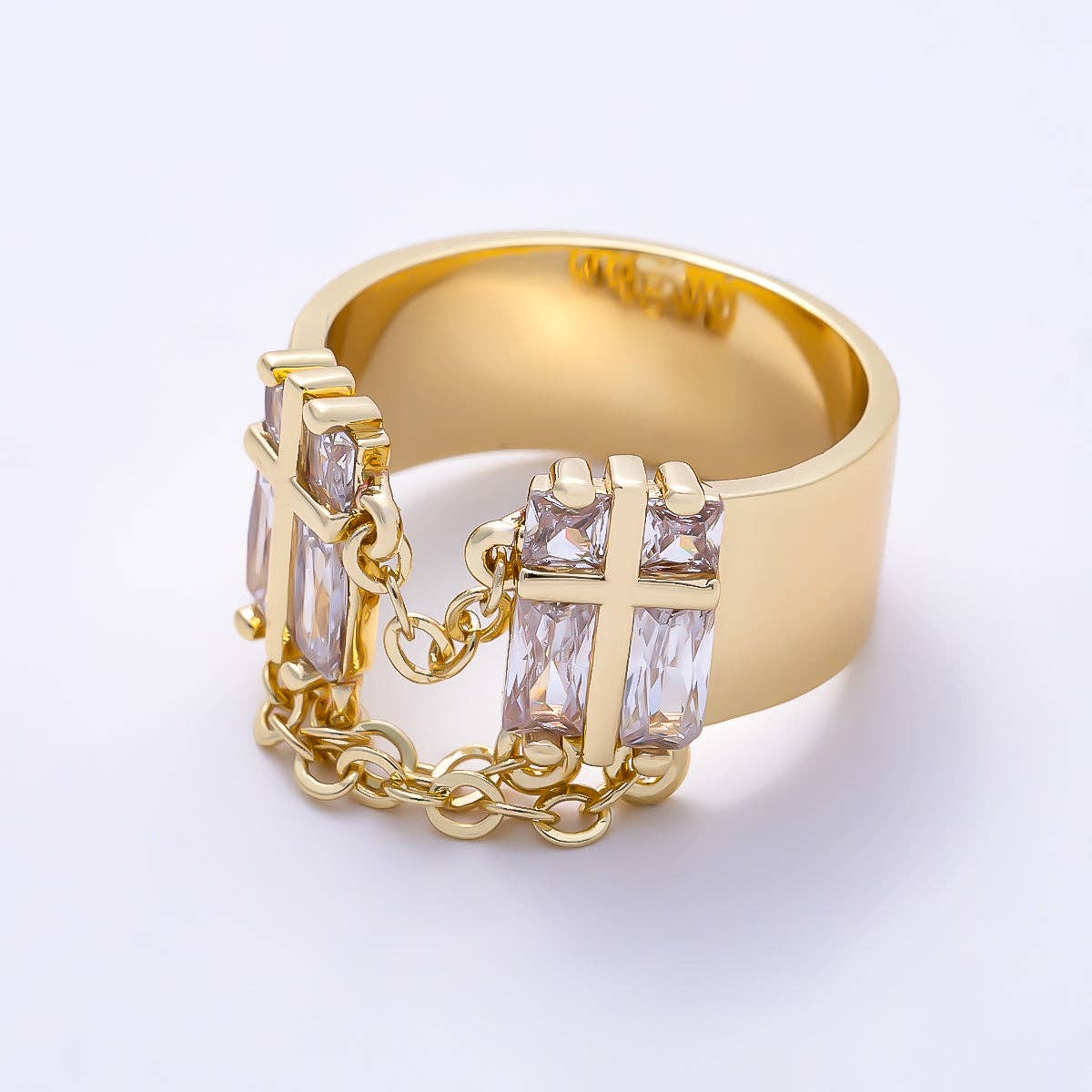 16K Gold Filled Clear Baguette CZ Open Front Double Cross Ring | Rings-00406