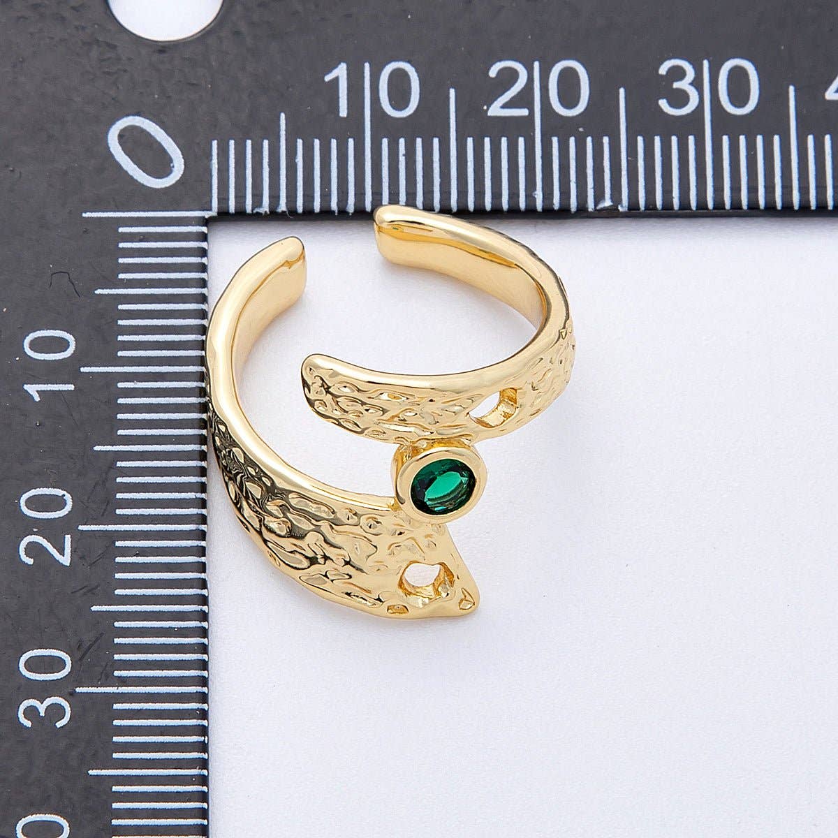 16K Gold Filled Green CZ Geometric Hammered Ring | Rings-00027
