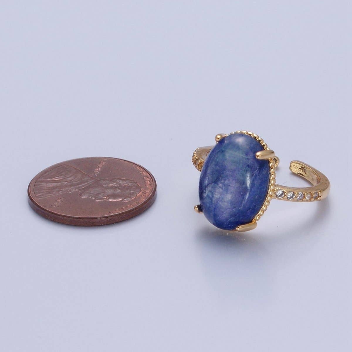 24K Gold Filled Oval Blue Lapiz Stone Ring with Micro Pave CZ Band O-2276