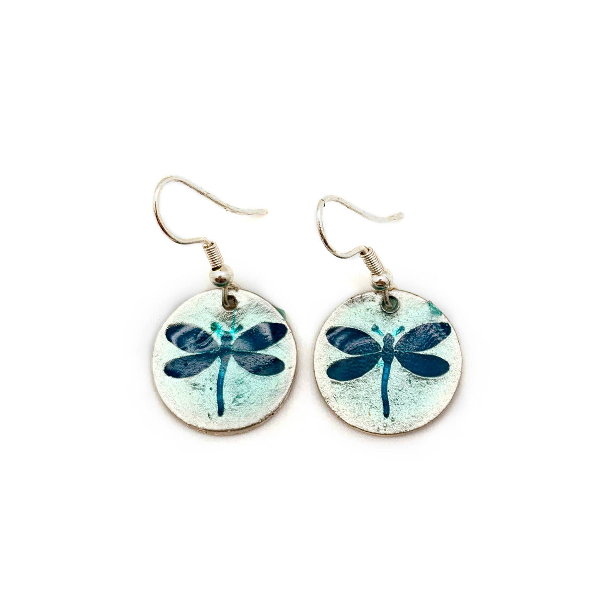 Pewter Earrings with Color Enamel - Dragonfly in Teal/Aqua