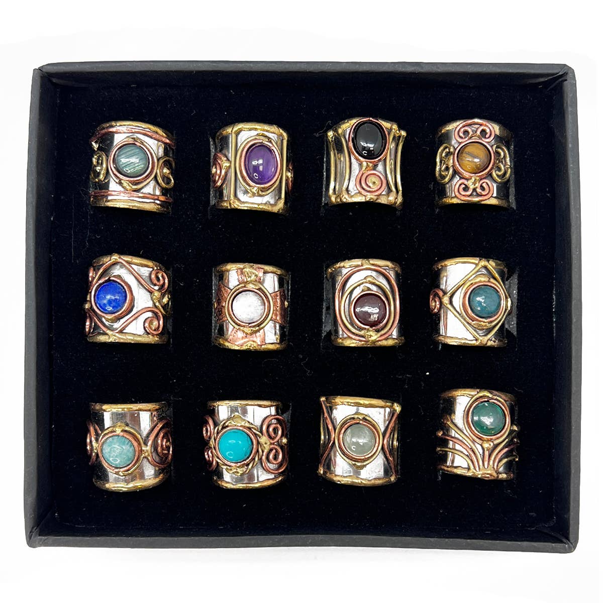 12 Pack- Mixed Metal Cuff Rings with Single Stone in a box