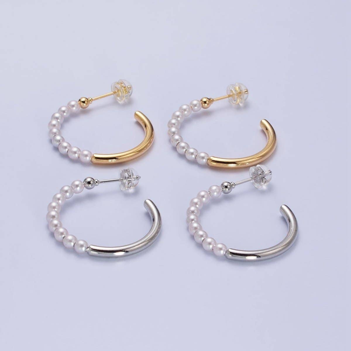 16K Gold Filled 25mm Half Pearl Hoop Earrings in Gold & Silver | AB366 AB367
