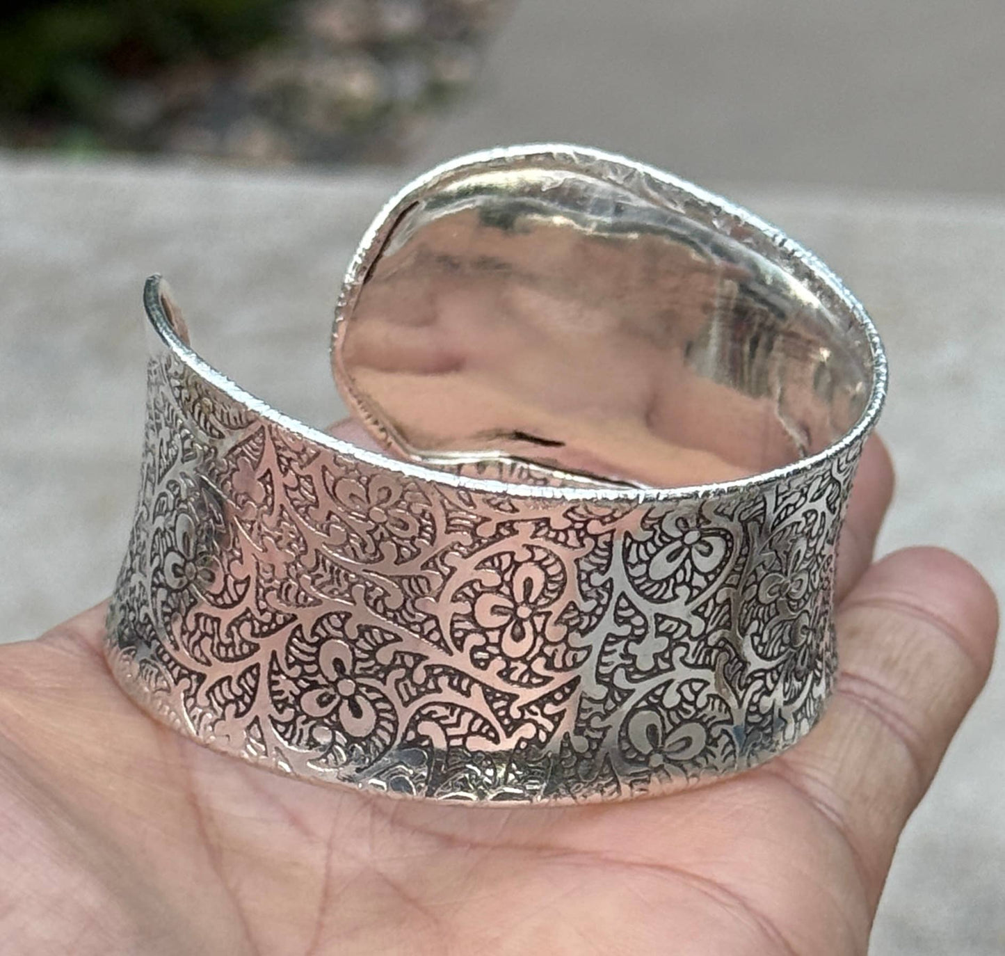 Handcrafted Engraved Floral Cuff Bracelet Bohemian Hippie