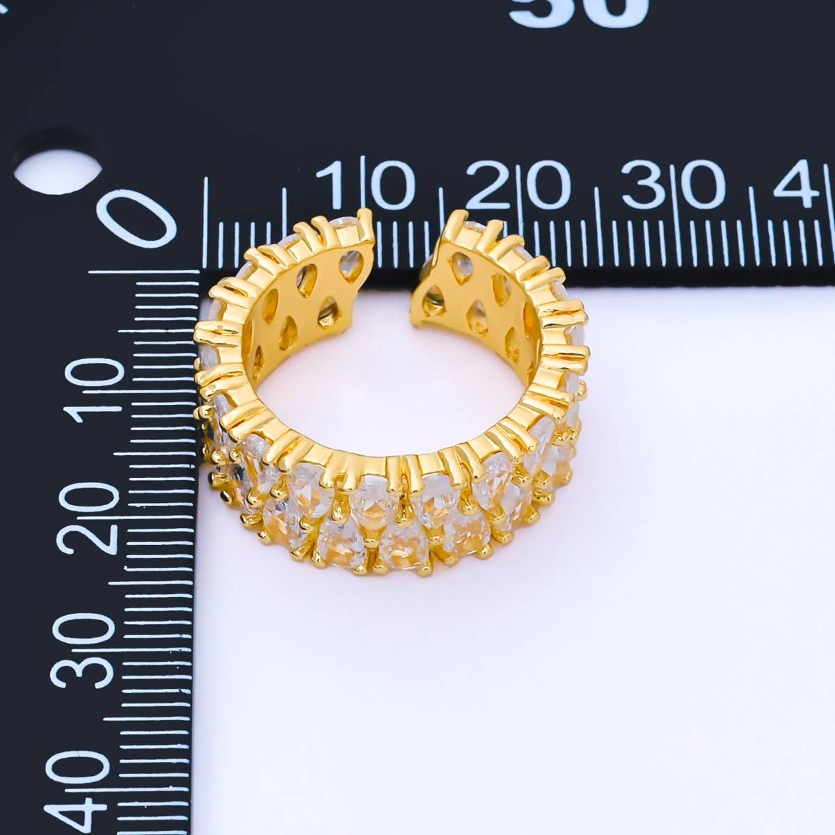 24K Gold Filled Teardrop Double CZ Cluster Tennis Band Adjustable Ring | O1666