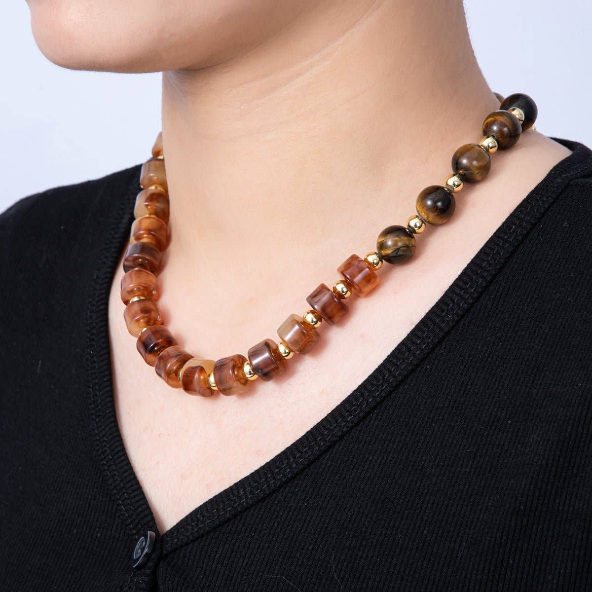 18K Gold Filled 12mm Orange Citrine Tiger Eye Tube Round Bead 18.5 Inch w. Sailor Clasps | WA-04131