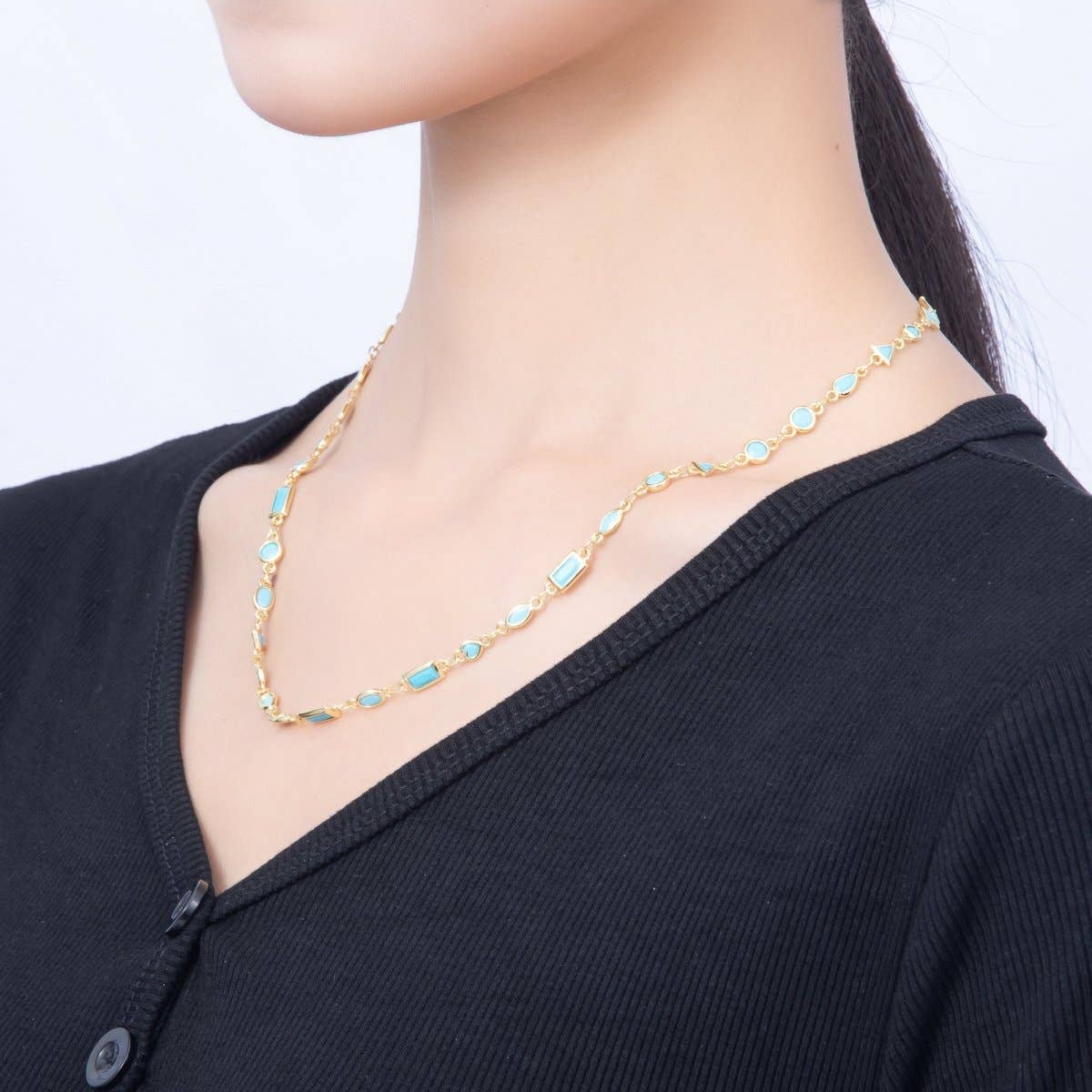 18K Gold Filled 6mm Blue Turquoise Multi Cut Bezel Gemstone Chain 18.5 Inch Necklace | WA-00283