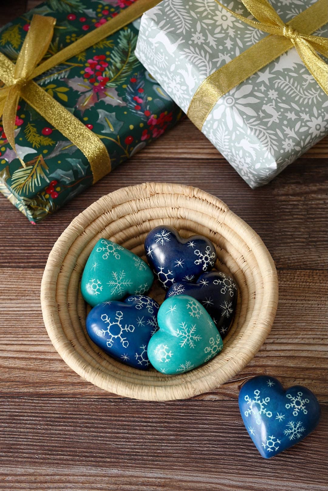 Set of Six Winter Snowflake Soapstone Hearts
