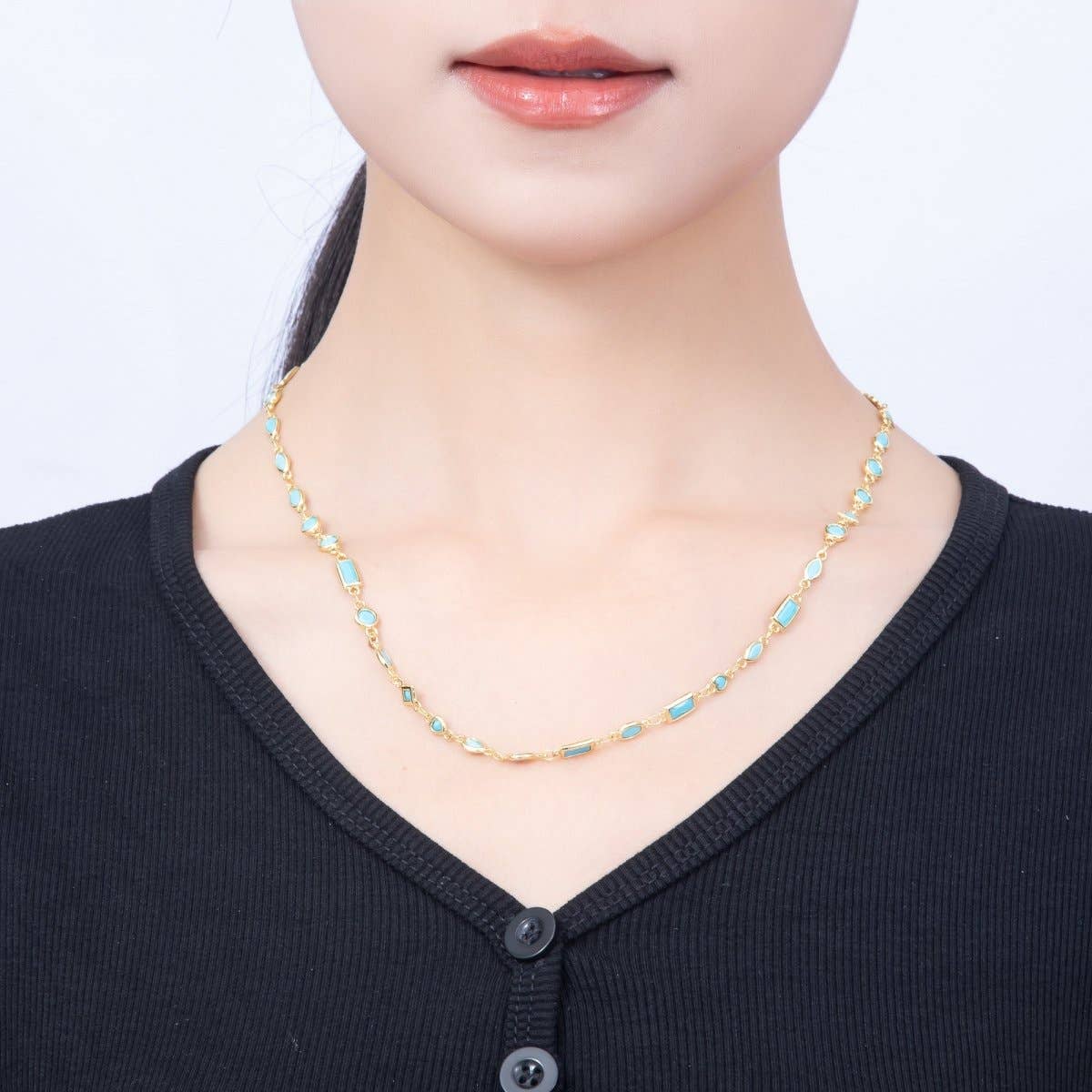 18K Gold Filled 6mm Blue Turquoise Multi Cut Bezel Gemstone Chain 18.5 Inch Necklace | WA-00283