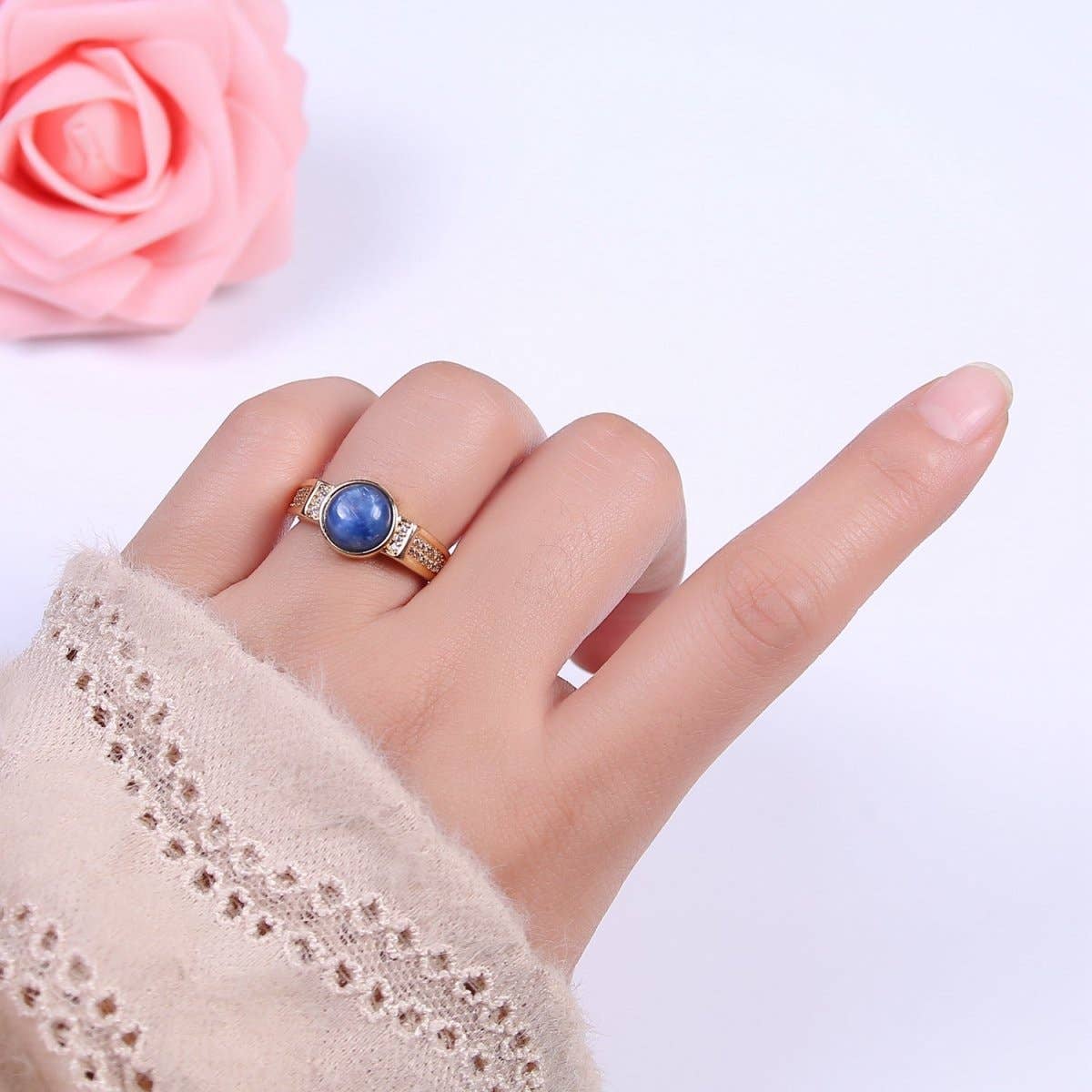 24K Gold Filled Blue Kyanite Gemstone Micro Paved CZ Signet Ring | U372