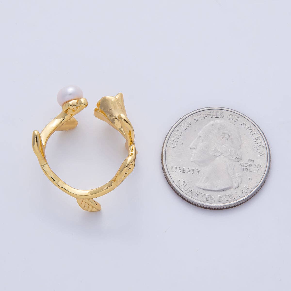 18K Gold Filled White, Pink Shell Pearl Rose Flower Leaf Wrap Ring | O799