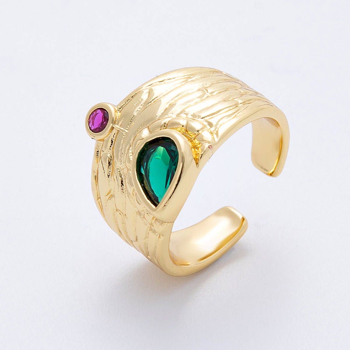 16K Gold Filled Green Fuchsia CZ Textured Wide Band Ring | Rings-00028
