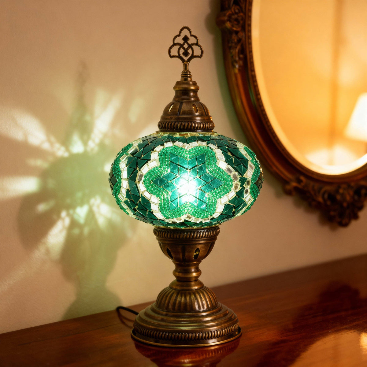 Green Mosaic Table Lamp, Handmade Turkish Accent Light