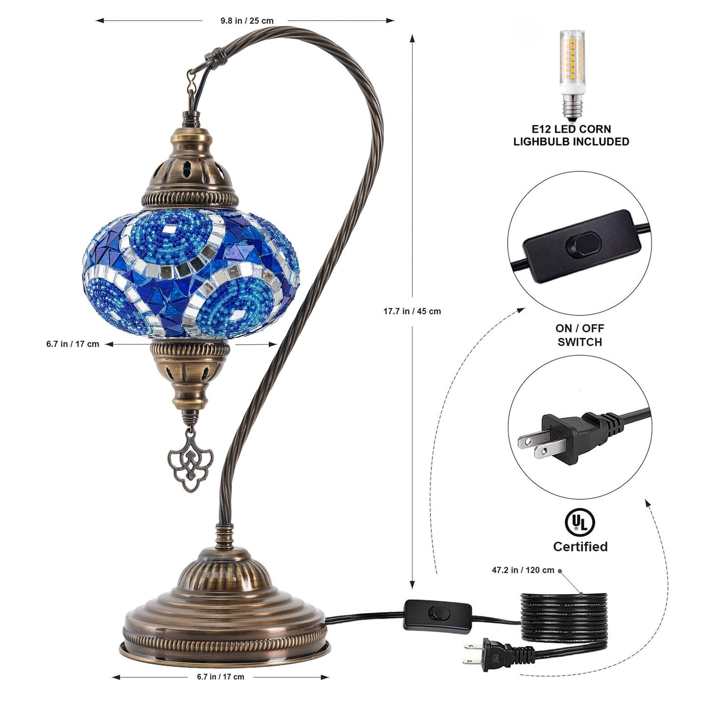 Mozaist Handmade Turkish Mosaic Swan Table Lamp Blue