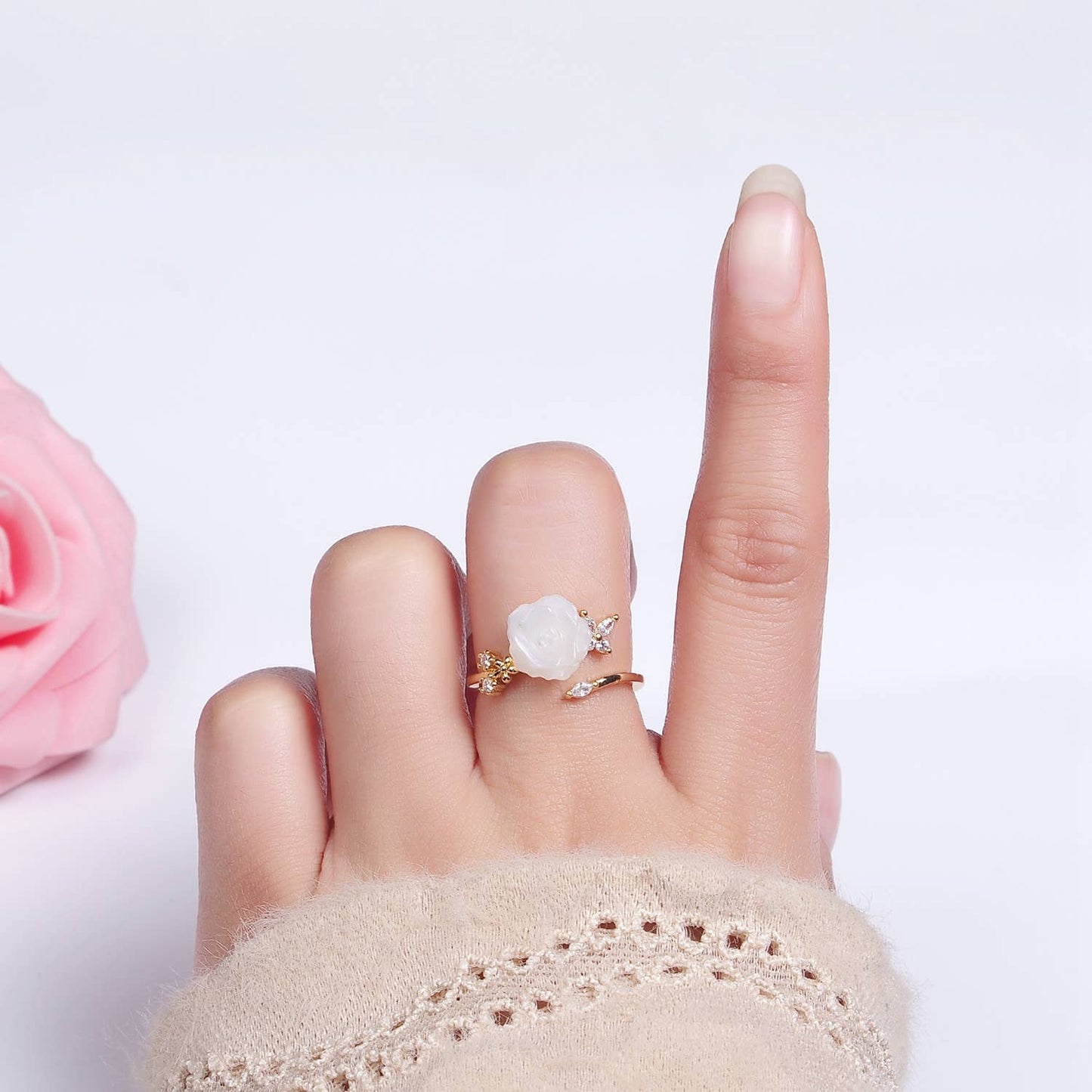14K Gold Filled Rose Flower Pearl Marquise CZ Leaf Ring