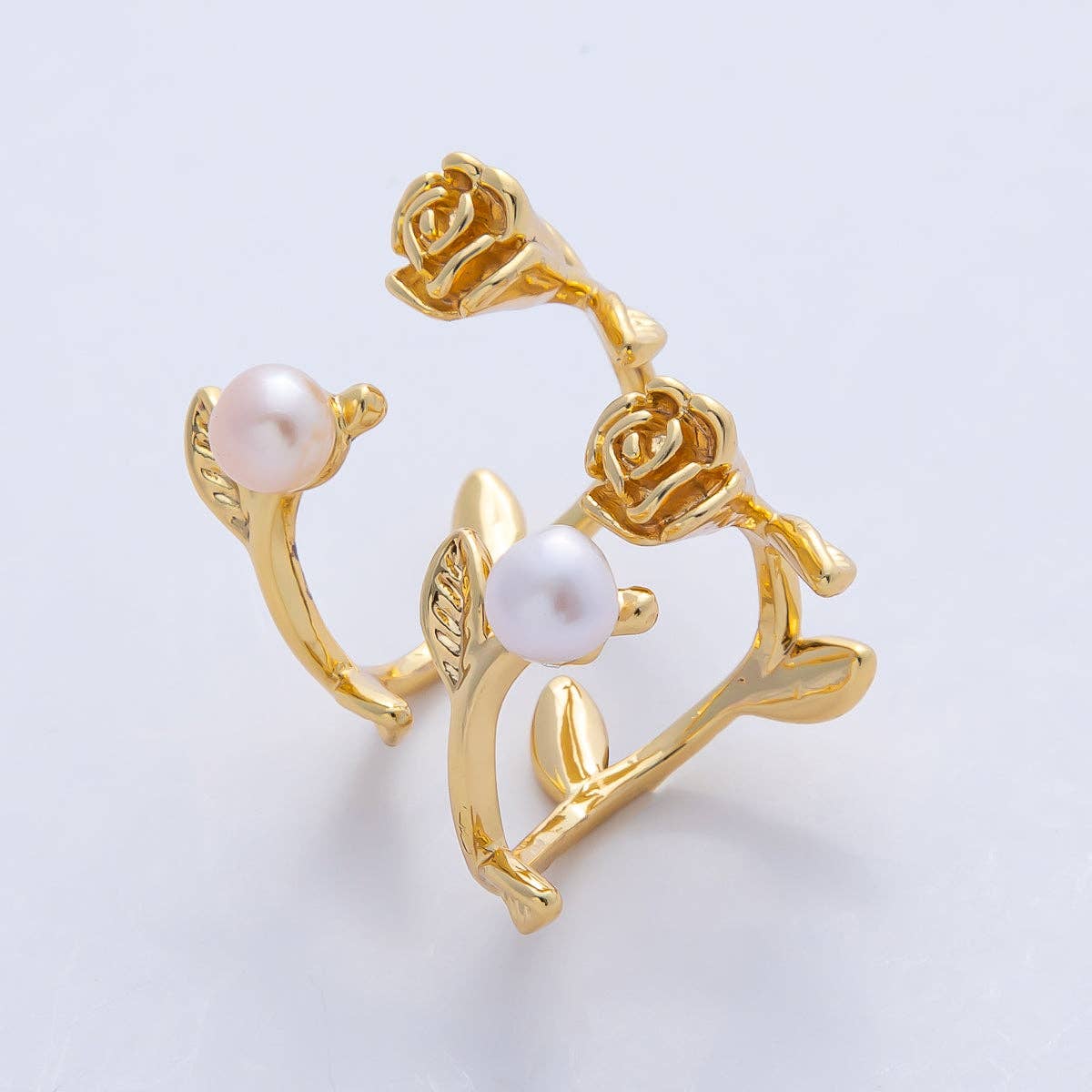 18K Gold Filled White, Pink Shell Pearl Rose Flower Leaf Wrap Ring | O799