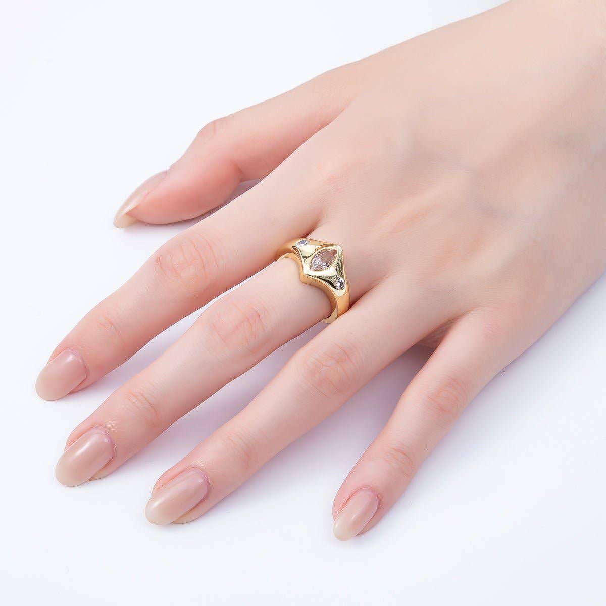 16K Gold Filled Clear Marquise CZ Dotted Chevron Signet Adjustable Ring | Rings-00122