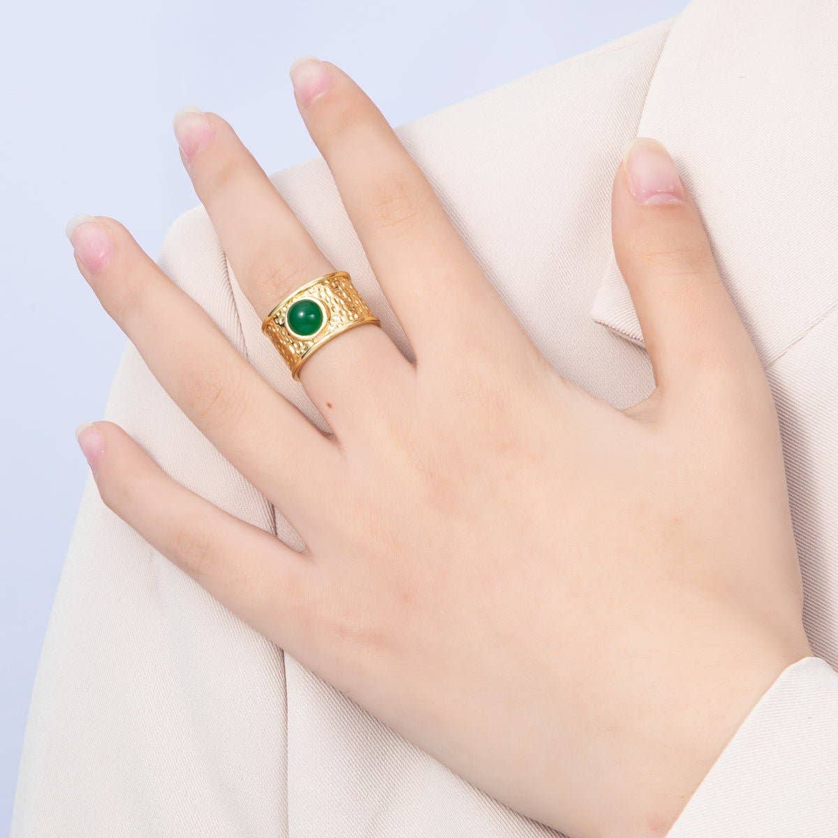 16K Gold Filled Red, Green Cabochon Gemstone Hammered Wide Band Ring | Rings-00023 Rings-00024