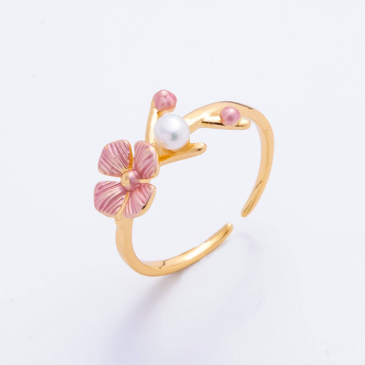 18K Gold Filled Pink Enamel Sakura Flower with Shell Pearl Adjustable Ring | O-032
