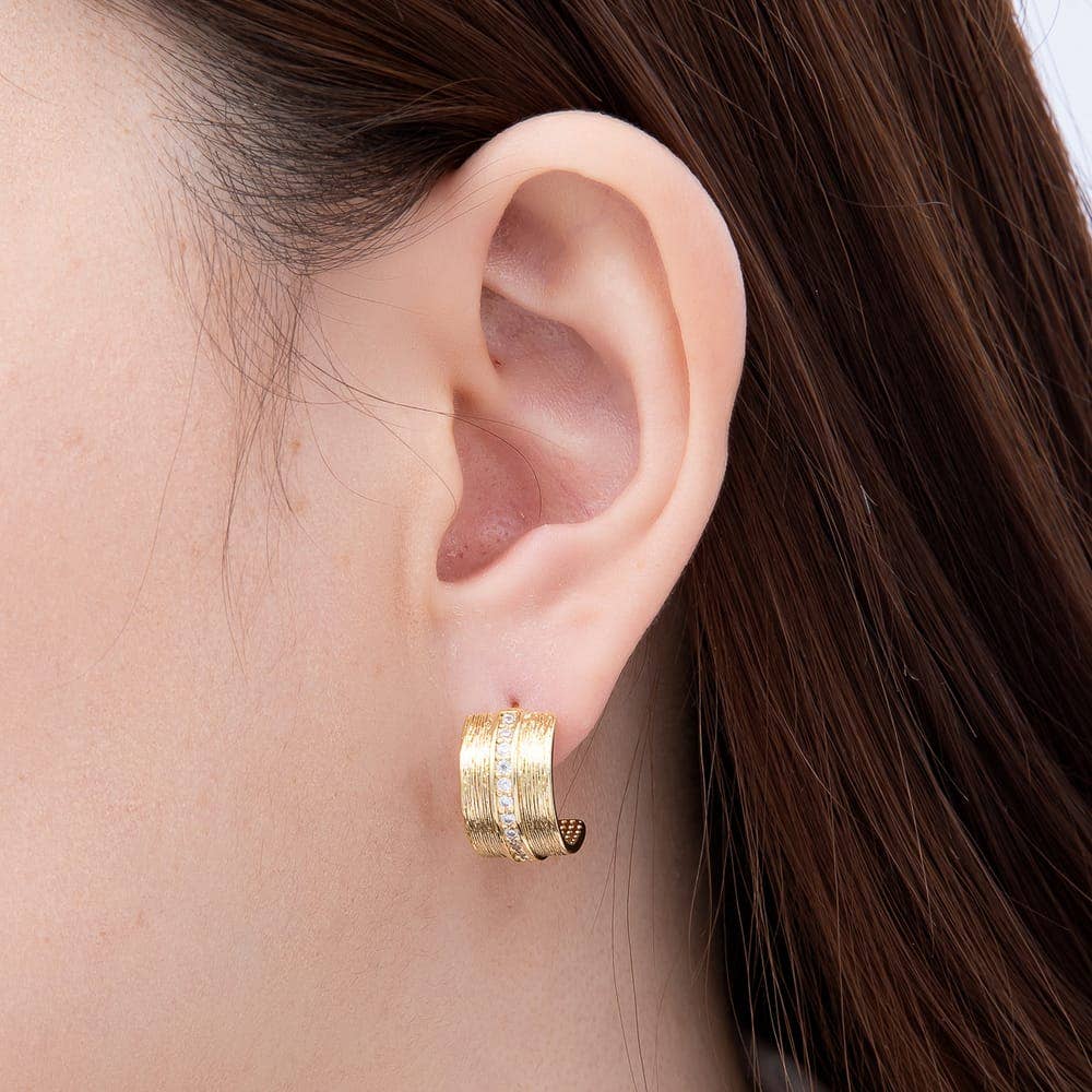 16K Gold Filled 19mm Wide Vertical Brushed Textured C-Hoop Earrings| Earrings-00816