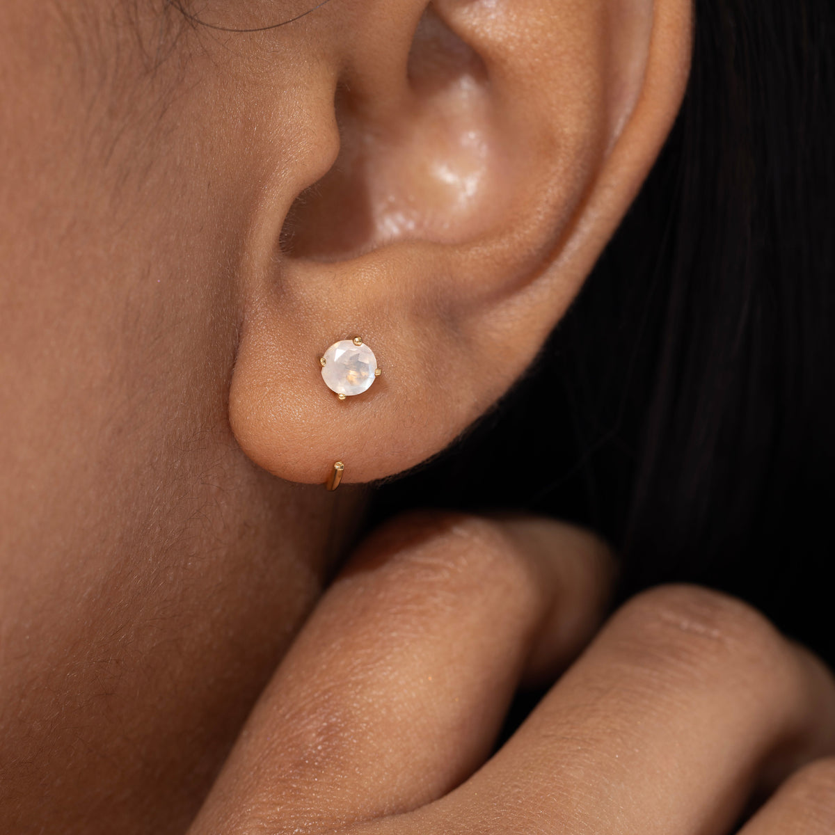 Moonstone Huggie Hoop Earrings - Gold