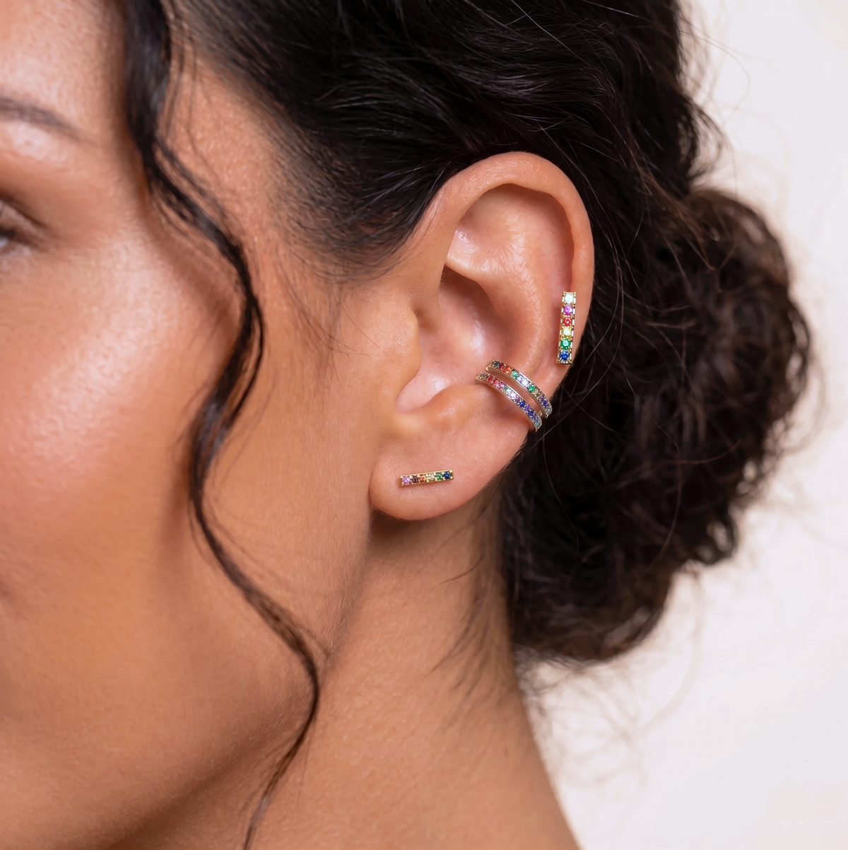 Mini Rainbow Pave Bar Stud Earrings - Gold
