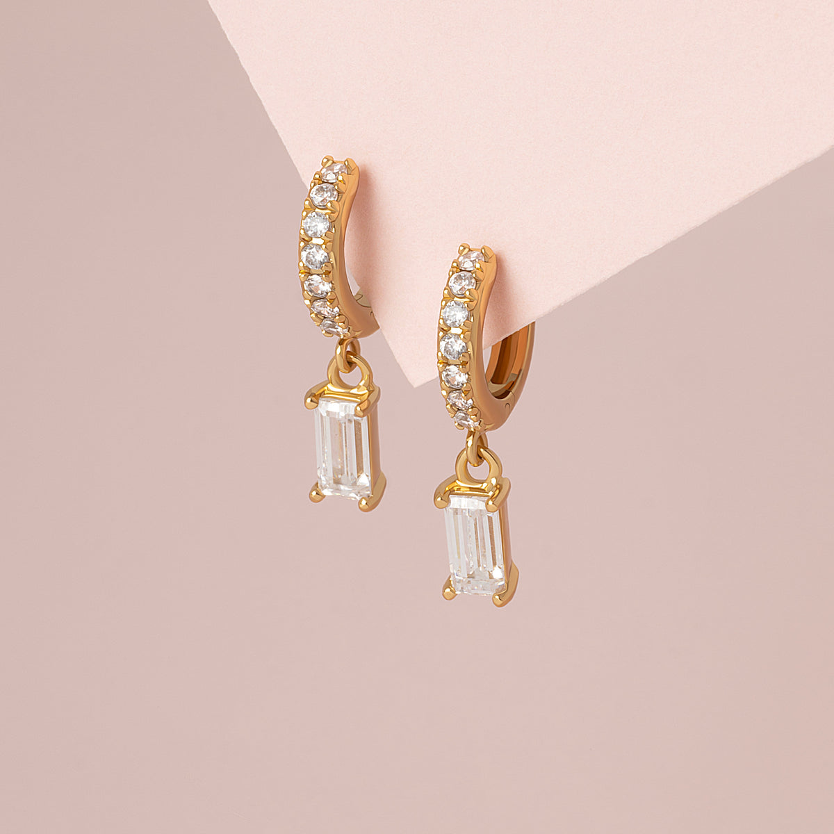 Baguette Solitaire Hoop Earrings - Gold