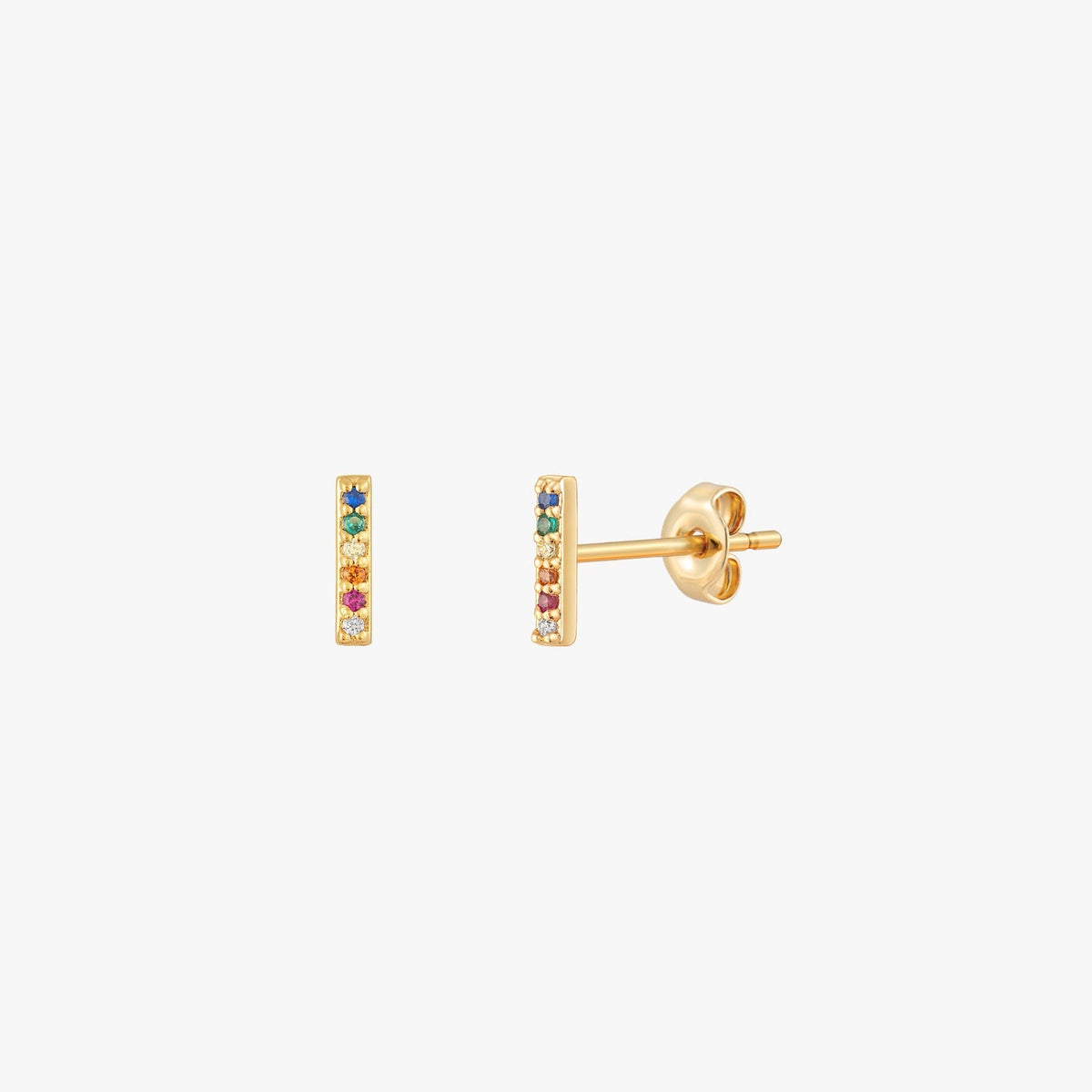 Mini Rainbow Pave Bar Stud Earrings - Gold