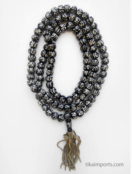 Carved Bone Mala Necklace, Batik Om