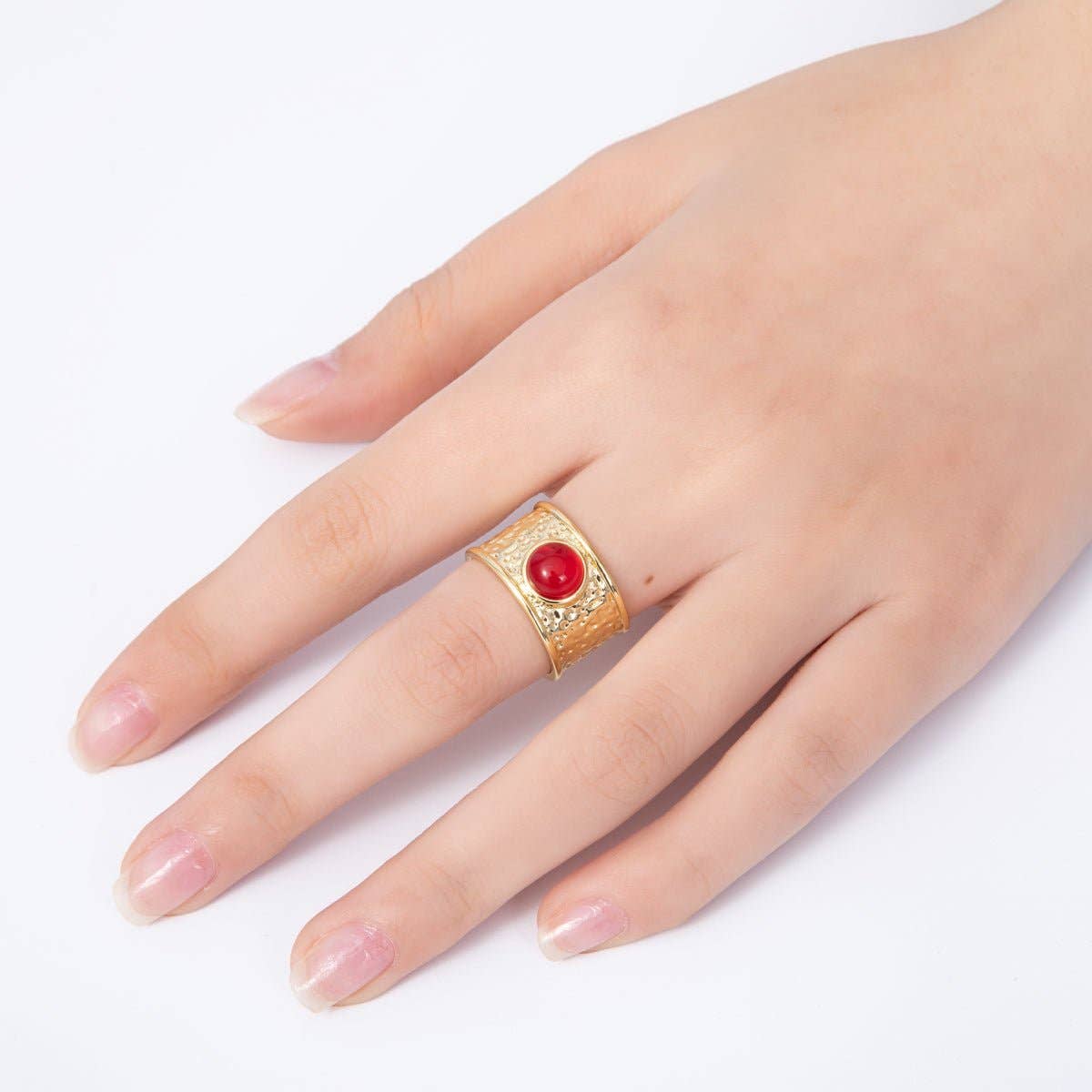 16K Gold Filled Red, Green Cabochon Gemstone Hammered Wide Band Ring | Rings-00023 Rings-00024