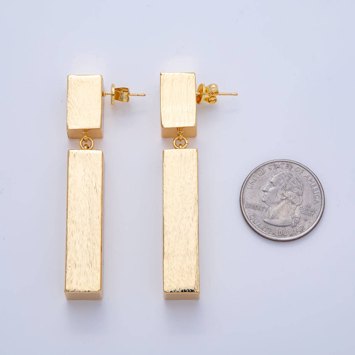 18K Gold Filled 64mm Textured Tube Geometric Drop Stud Earrings | AE314