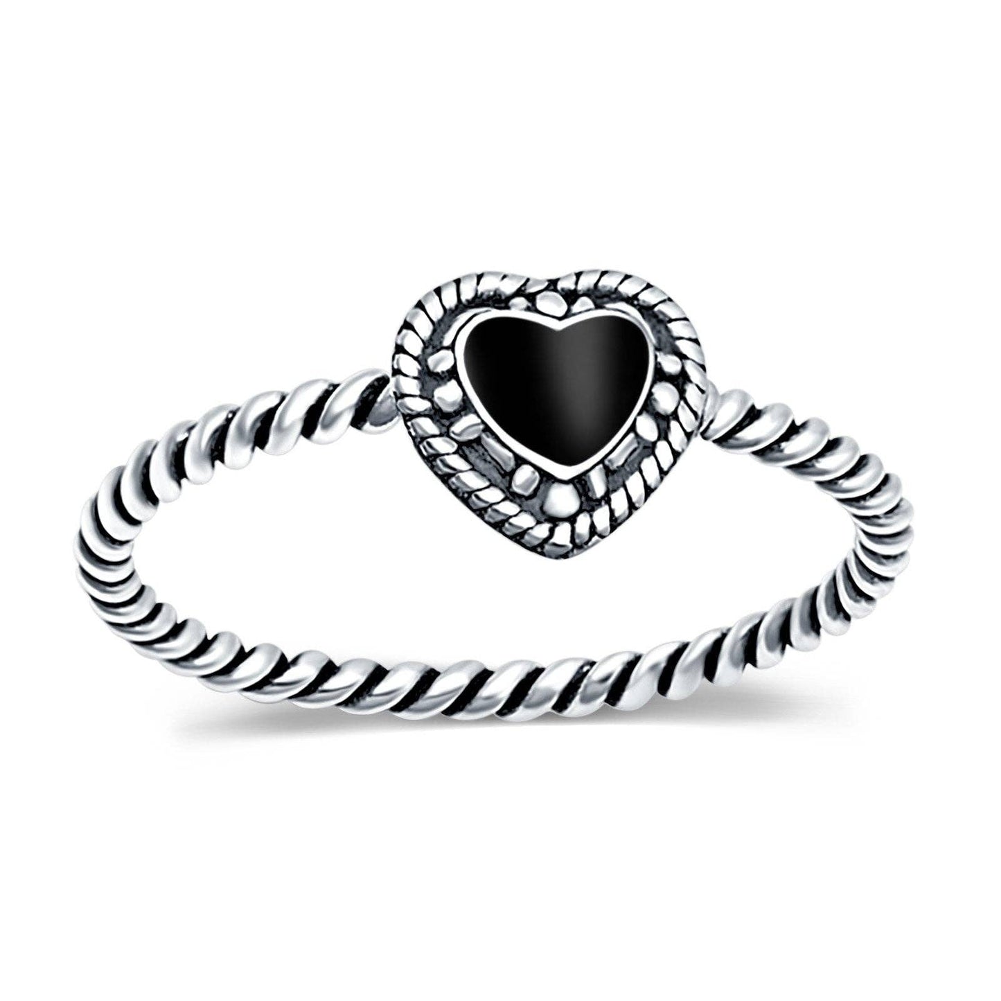 Petite Dainty Heart Promise Ring Band Black Onyx Oxidized Braided