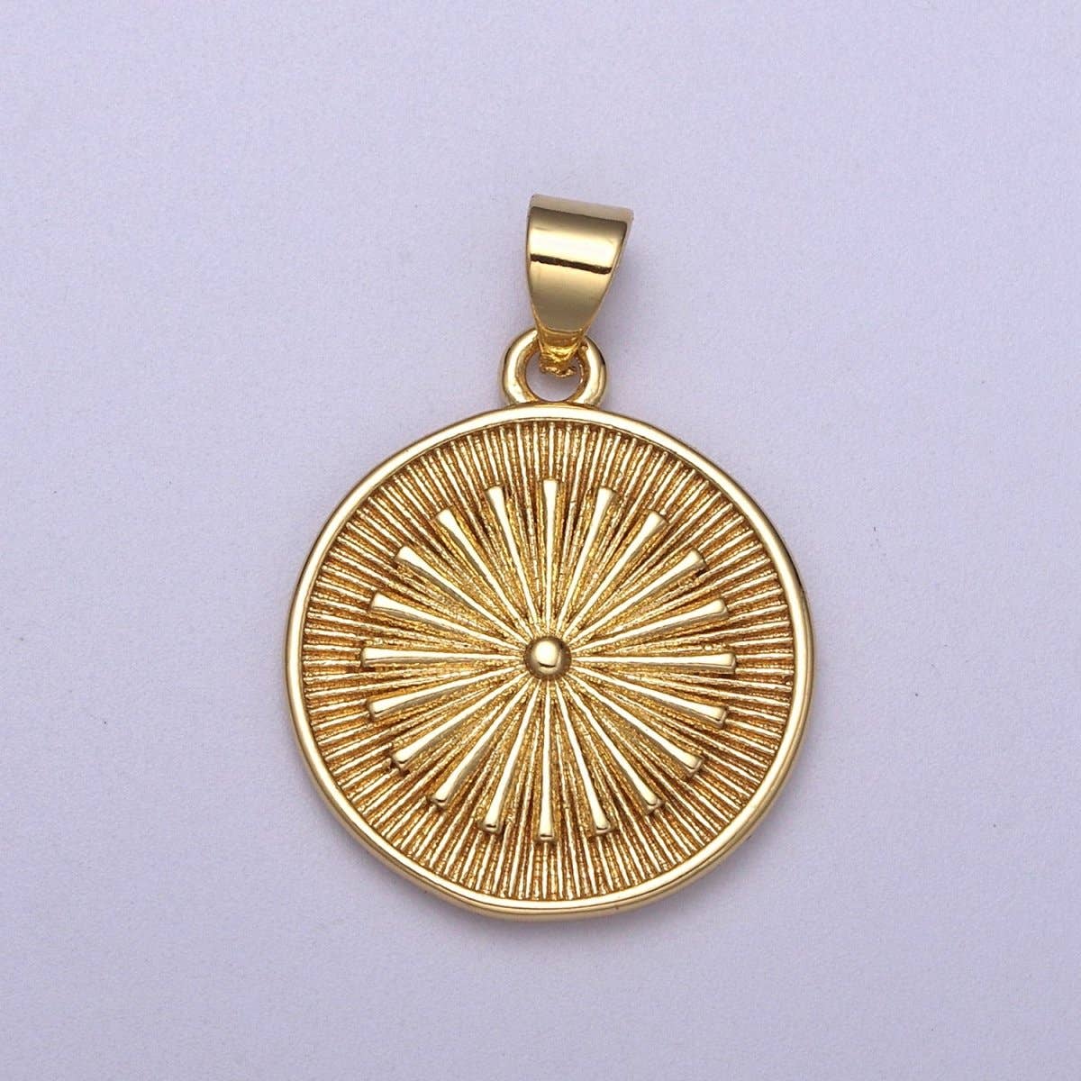 24k Gold Filled Round Coin Medallion Pendant, Sunburst Charm Necklace, Geometric Celestial Jewelry Supply H-393