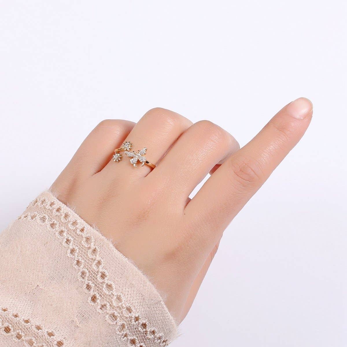 Dainty Elegant Butterfly and Flower 18K Gold Filled Adjustable Ring - R-271
