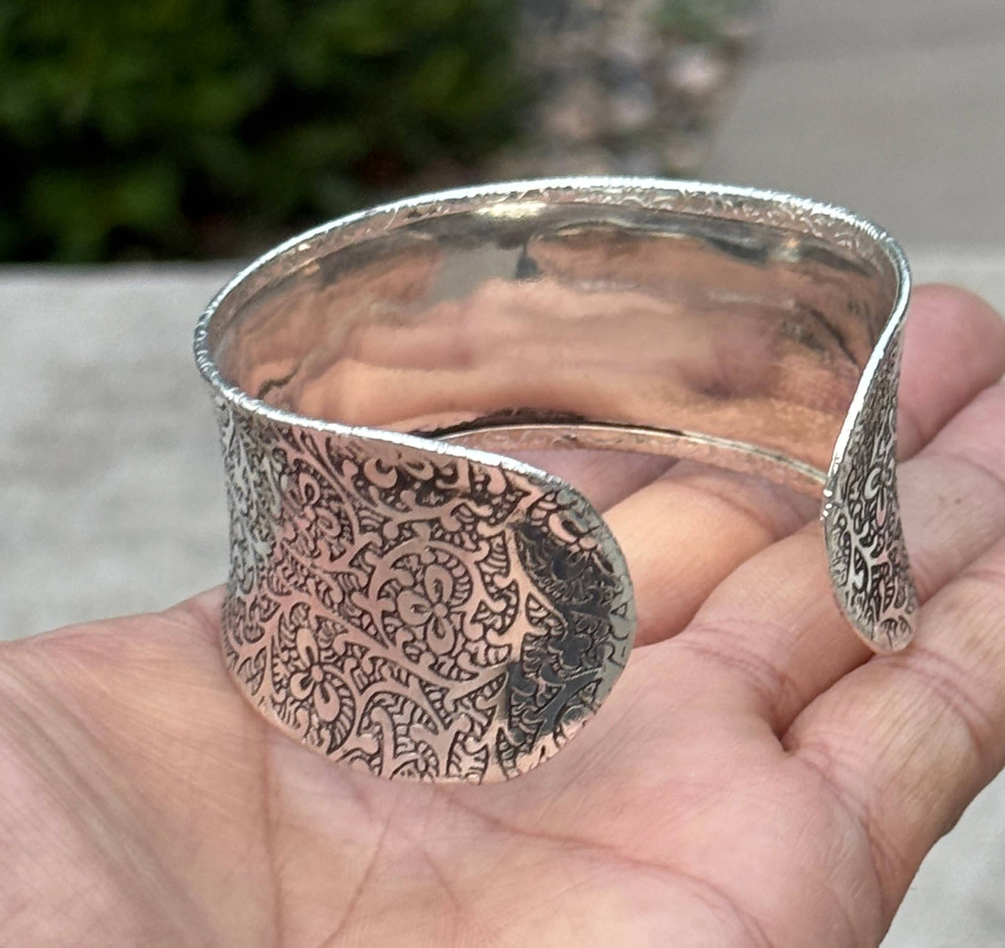 Handcrafted Engraved Floral Cuff Bracelet Bohemian Hippie