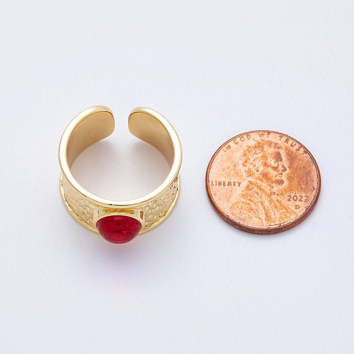 16K Gold Filled Red, Green Cabochon Gemstone Hammered Wide Band Ring | Rings-00023 Rings-00024