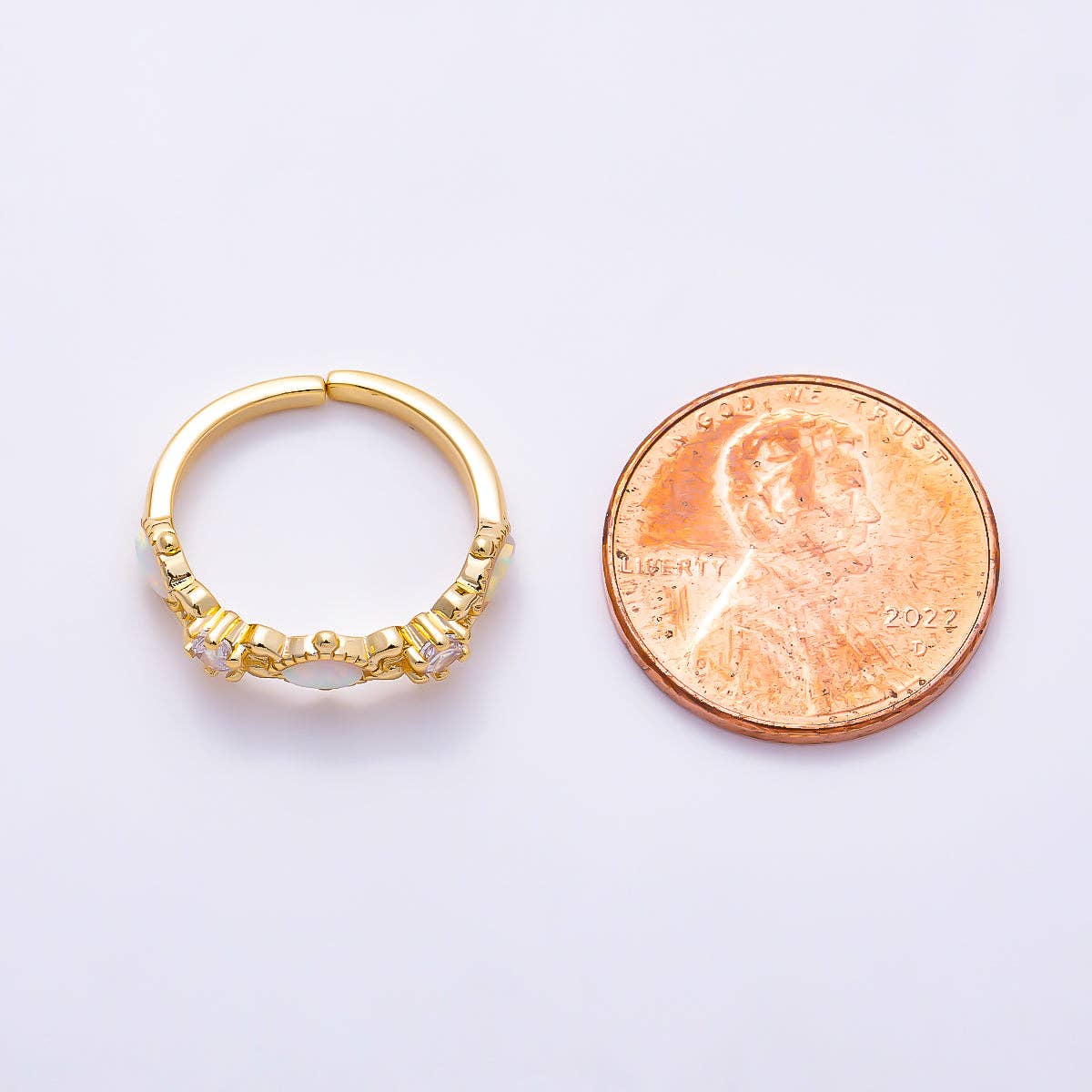16K Gold Filled Vintage Marquise White Opal & Round Clear CZ Adjustable Pinky Ring | Rings-00381