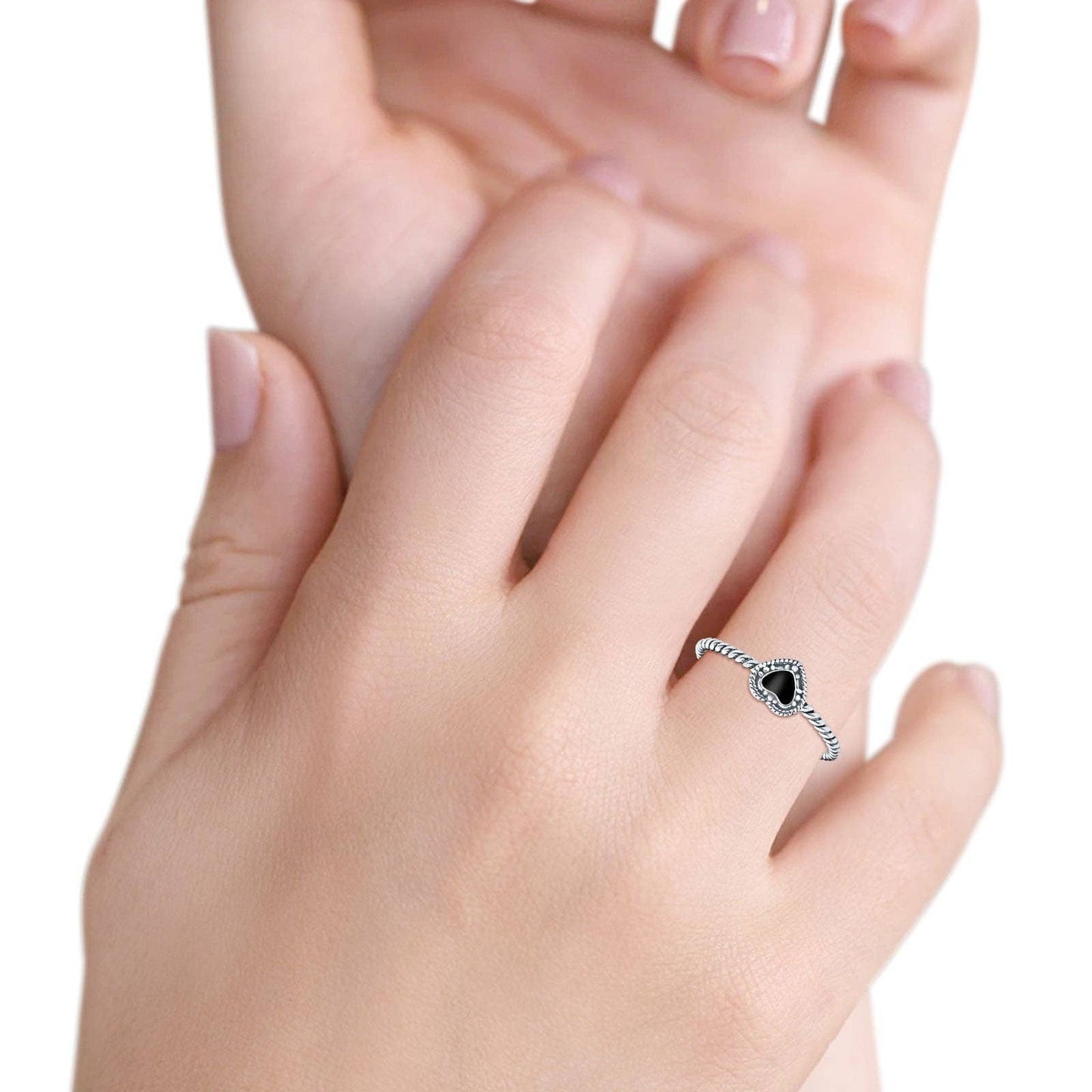 Petite Dainty Heart Promise Ring Band Black Onyx Oxidized Braided