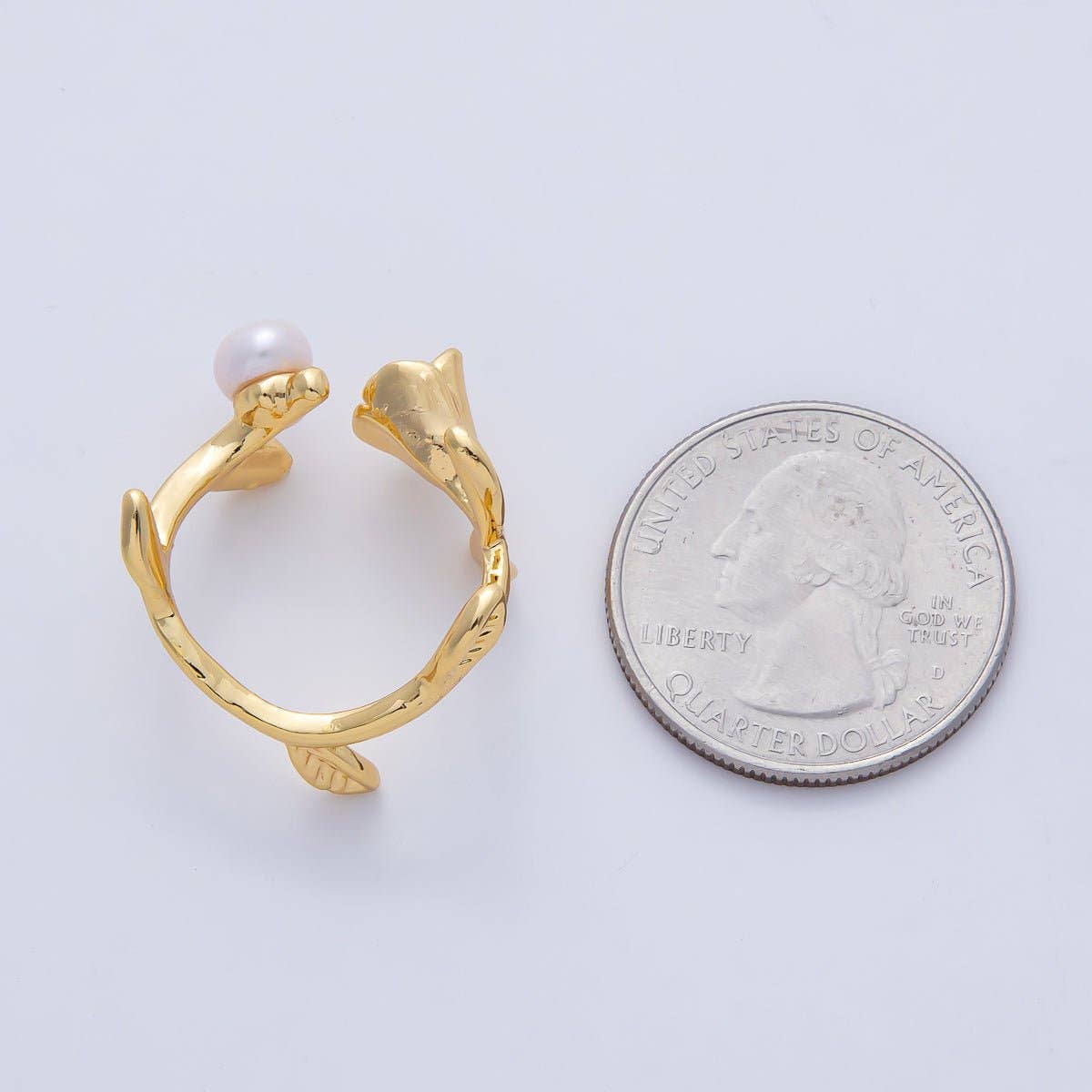 18K Gold Filled White, Pink Shell Pearl Rose Flower Leaf Wrap Ring | O799