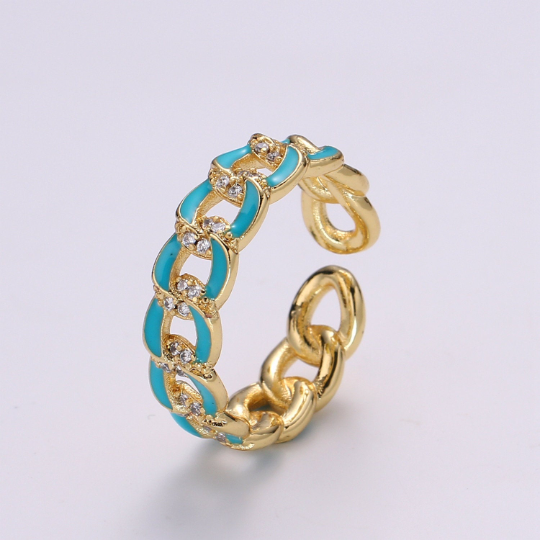1X CZ Colorful Enamel Rings Gold Curb Chain Statement Ring, Chunky Chain Ring, Stackable Open Adjustable Ring Pink White black Green Yellow