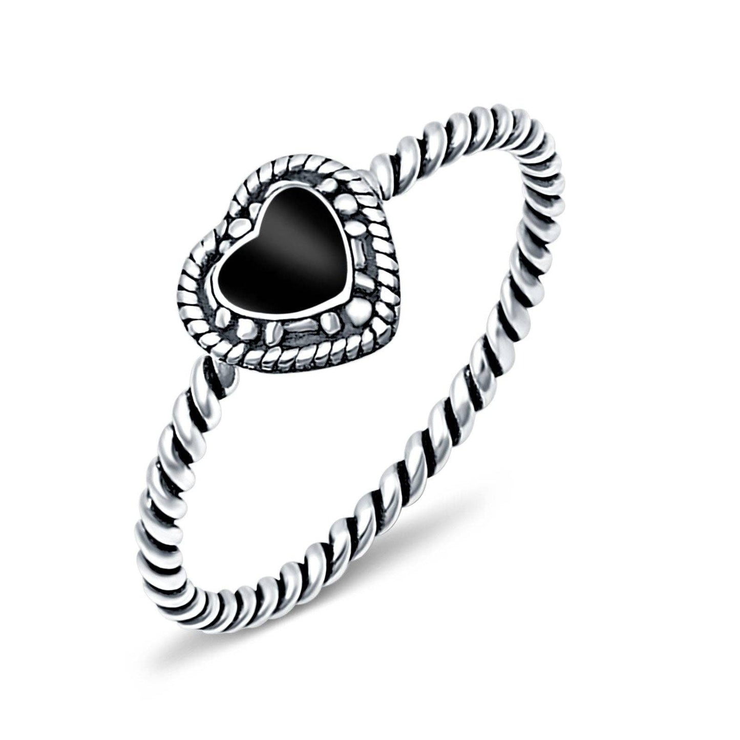 Petite Dainty Heart Promise Ring Band Black Onyx Oxidized Braided