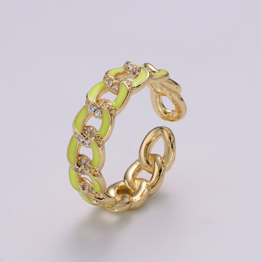 1X CZ Colorful Enamel Rings Gold Curb Chain Statement Ring, Chunky Chain Ring, Stackable Open Adjustable Ring Pink White black Green Yellow