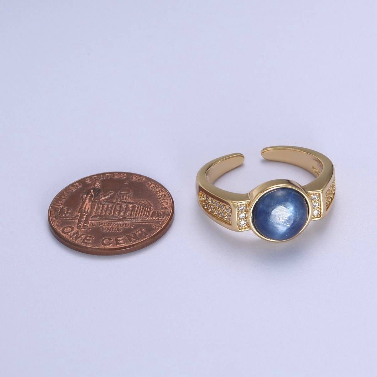 24K Gold Filled Blue Kyanite Gemstone Micro Paved CZ Signet Ring | U372