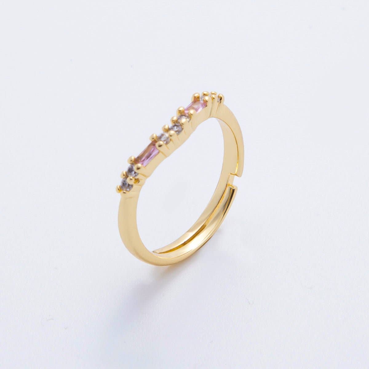 18K Gold Filled Dainty Clear, Pink Baguette Lined CZ Cluster Curved Adjustable Ring | O-2189