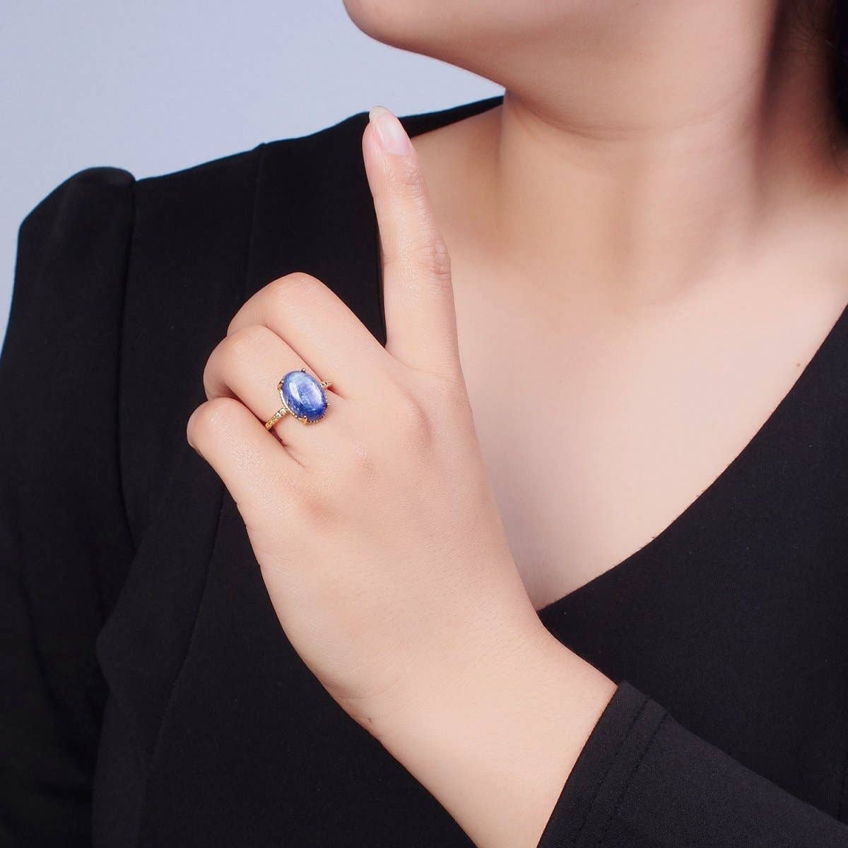 24K Gold Filled Oval Blue Lapiz Stone Ring with Micro Pave CZ Band O-2276