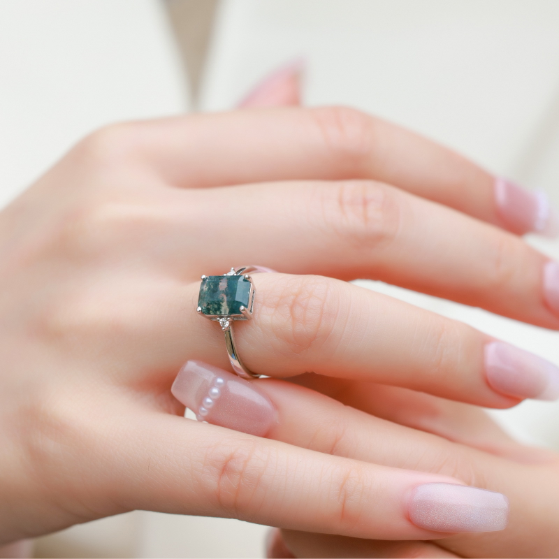 Emerald Cut Moss Agate Solitaire Ring